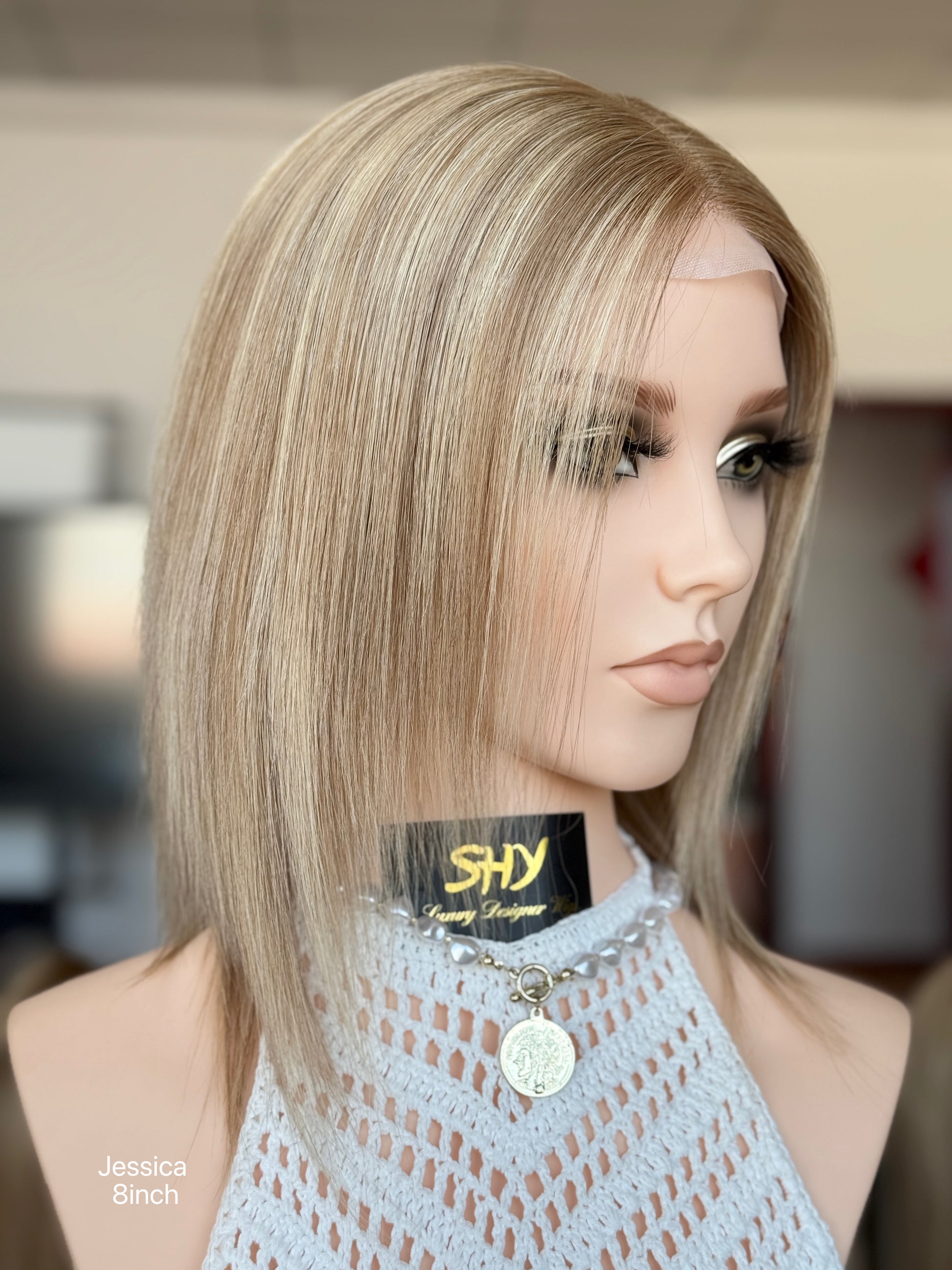 Blonde Full Hand-Tied Human Hair Medical Wig - Style 010 - detail view