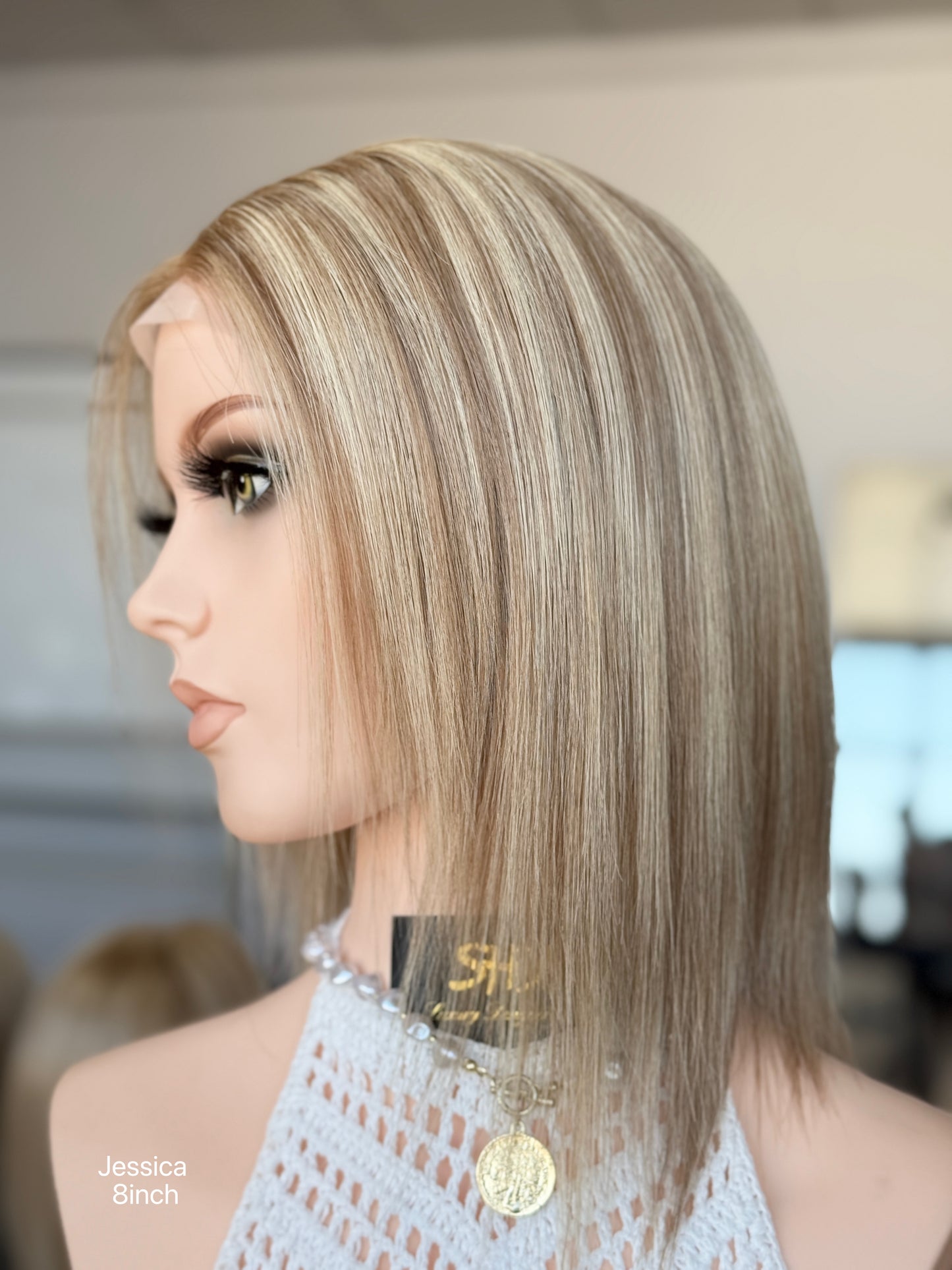 Blonde Full Hand-Tied Human Hair Medical Wig for Alopecia - Natural Hairline Sample 010 - medical wig detail view