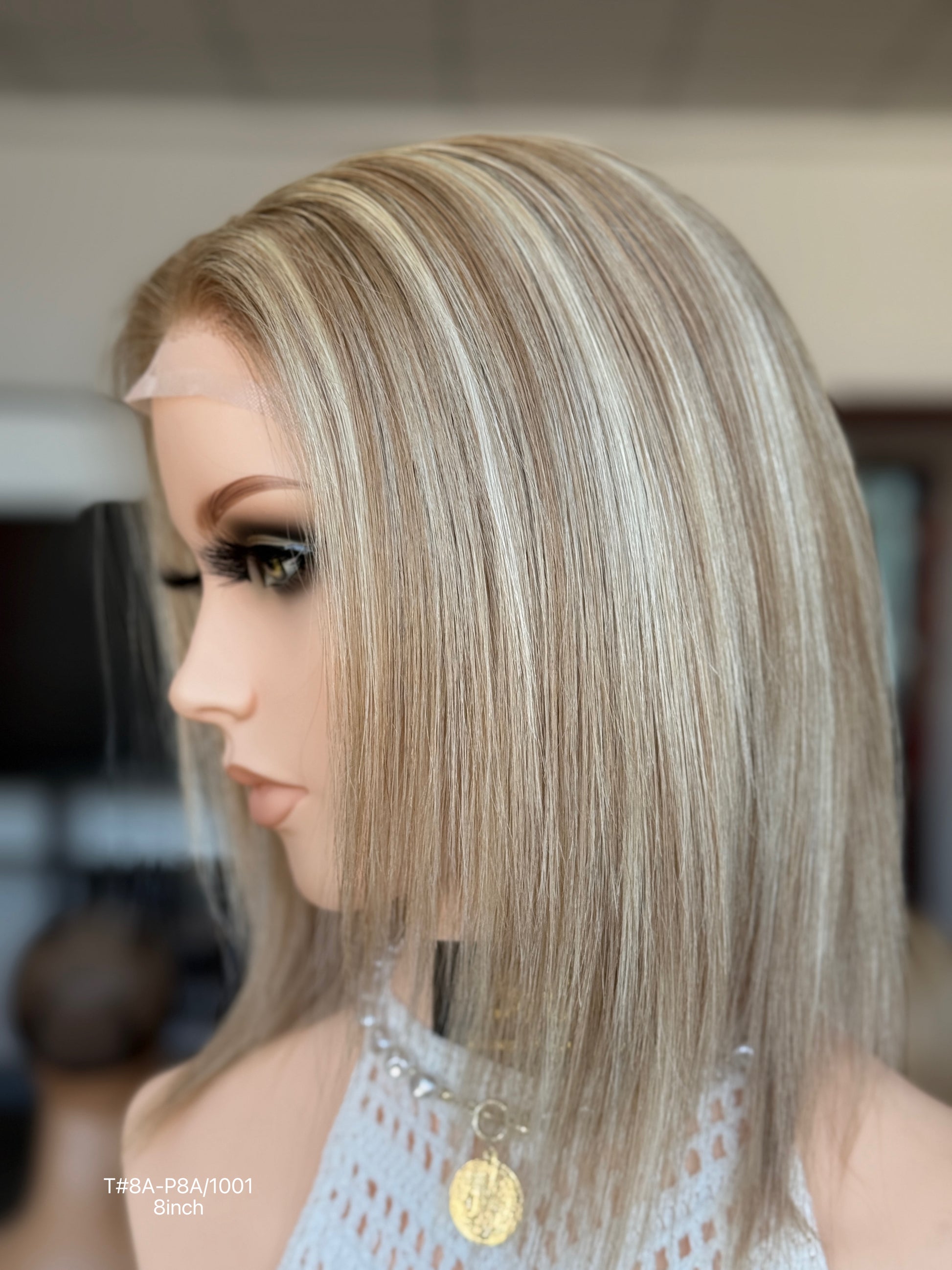 Blonde Full Hand-Tied Human Hair Medical Wig - Style 013 - detail view