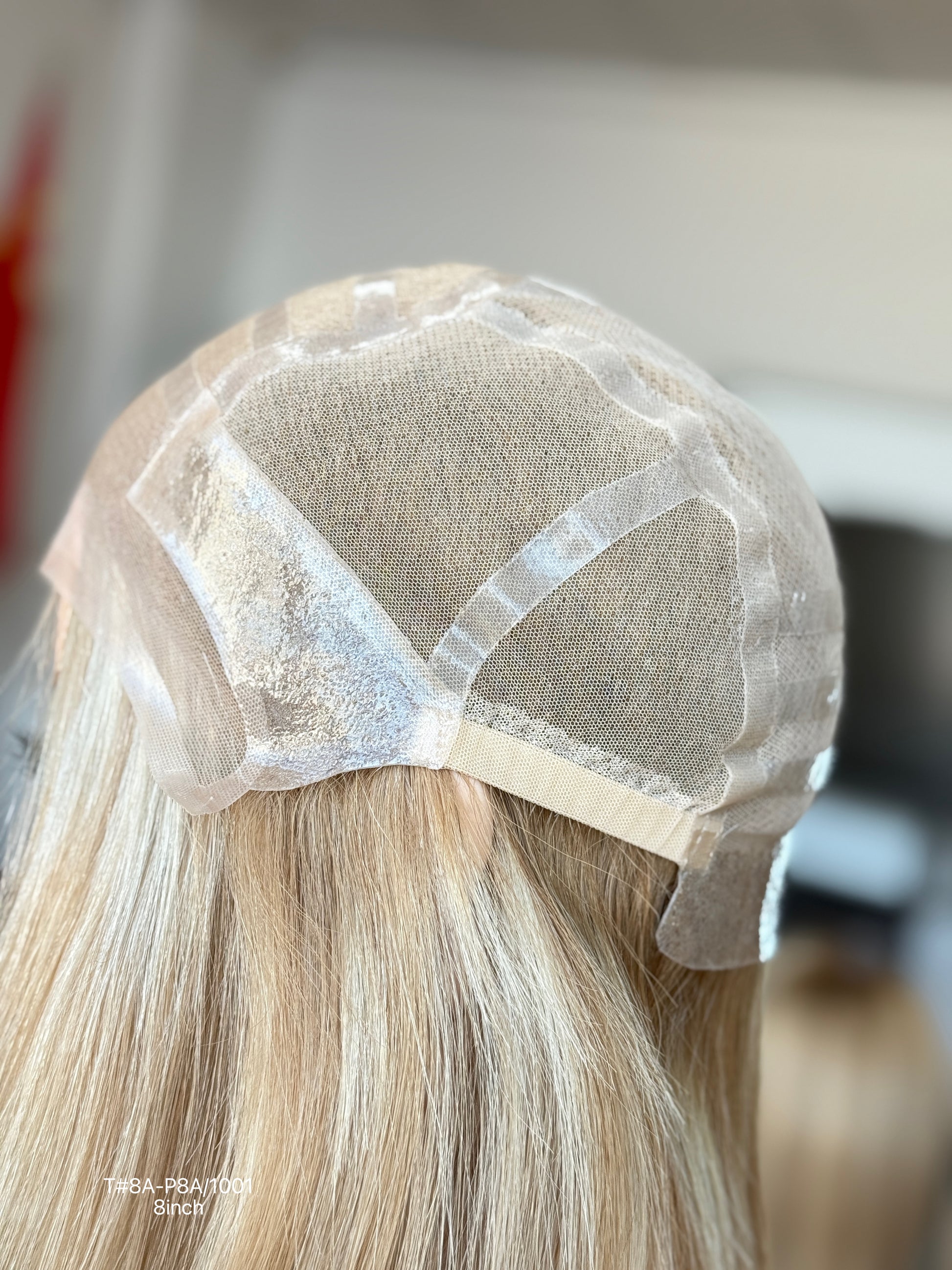 Blonde Full Hand-Tied Human Hair Medical Wig for Alopecia - Natural Hairline Sample 013 - medical wig detail view