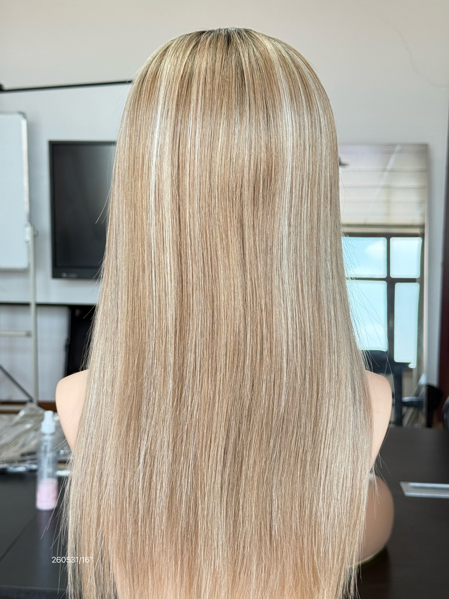 Blonde Full Hand-Tied Human Hair Medical Wig for Alopecia - Natural Hairline Sample 014 - medical wig detail view
