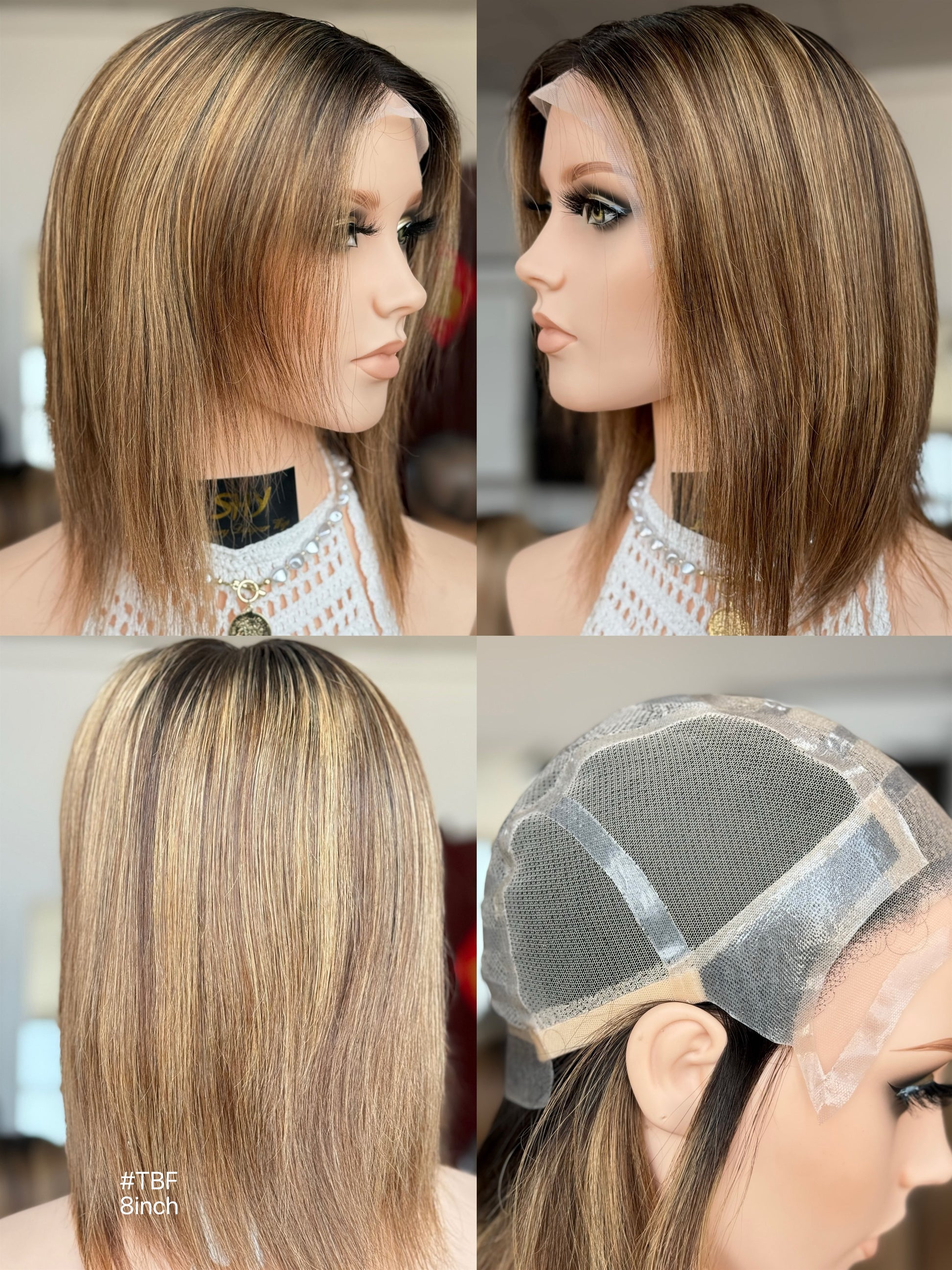 TBF 8 Inch Rooted Caramel Blonde Bob Full Hand-Tied Medical Wig - front, side, back and cap view