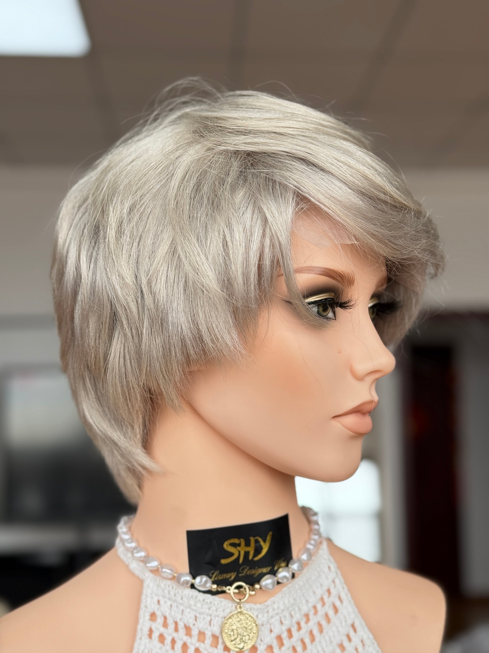 Silver Gray Short Full Hand-Tied Human Hair Medical Wig for Sensitive Scalp - view 1