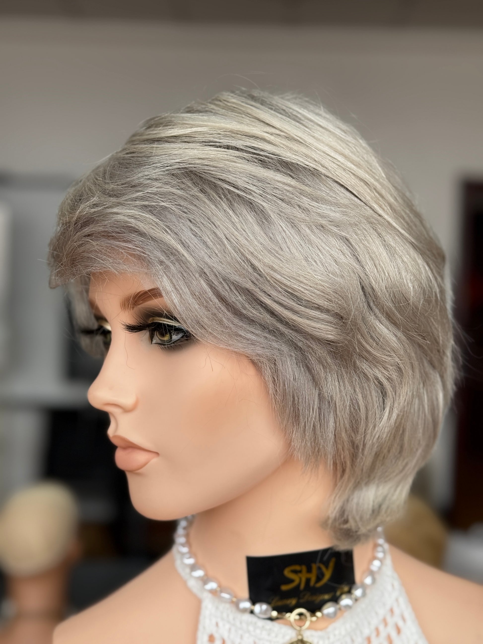 Silver Gray Short Full Hand-Tied Human Hair Medical Wig for Sensitive Scalp - view 3