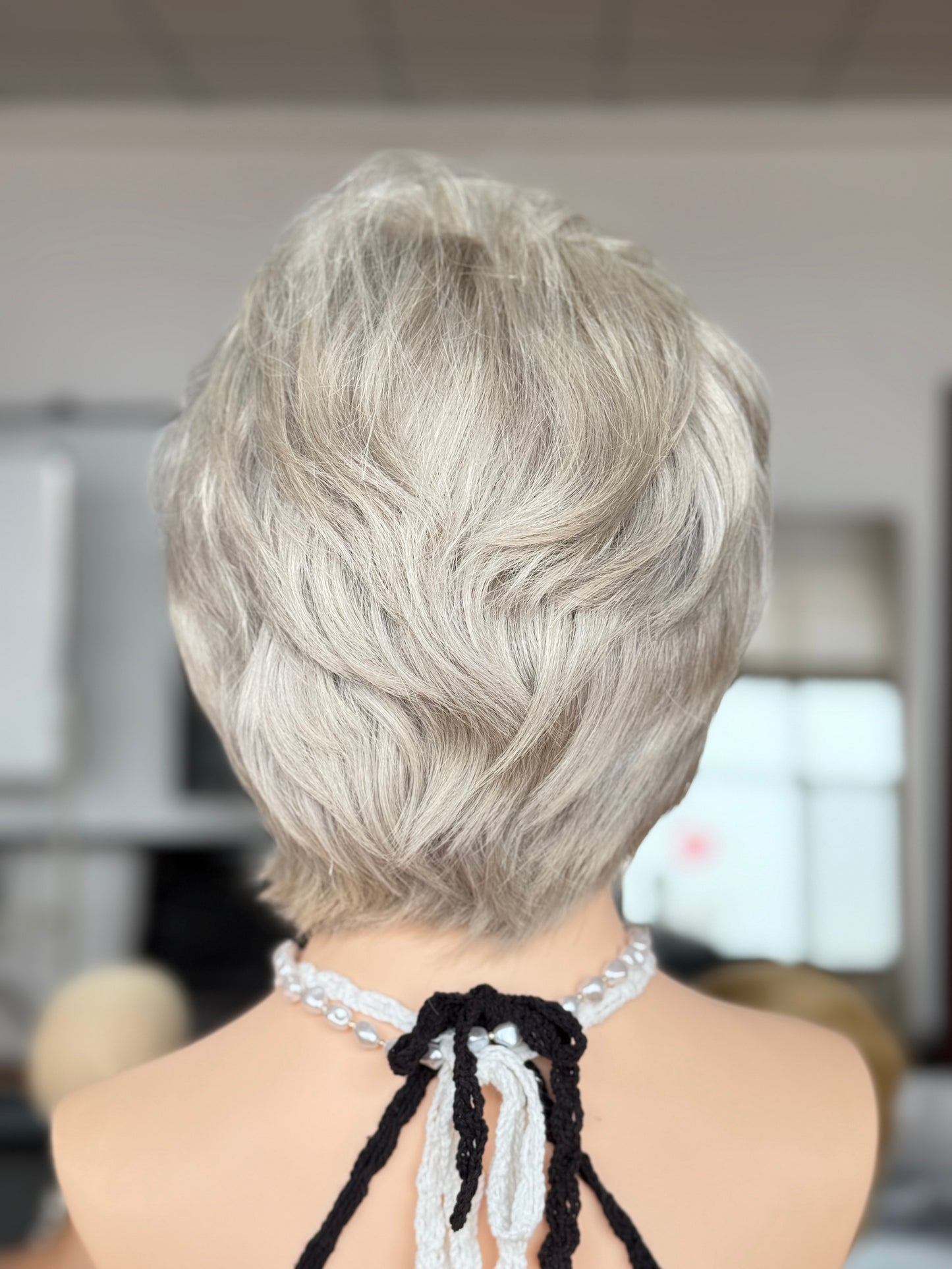 Silver Gray Short Full Hand-Tied Human Hair Medical Wig for Sensitive Scalp - view 4