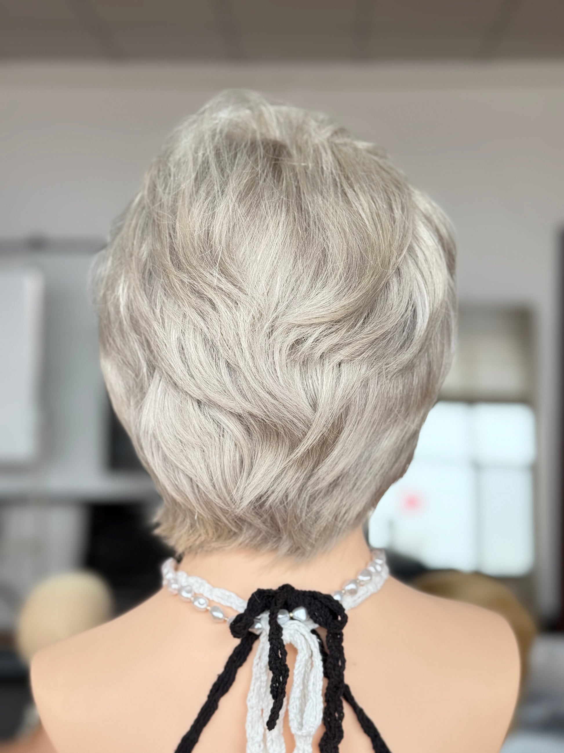 Silver Gray Short Full Hand-Tied Human Hair Medical Wig for Sensitive Scalp - view 4