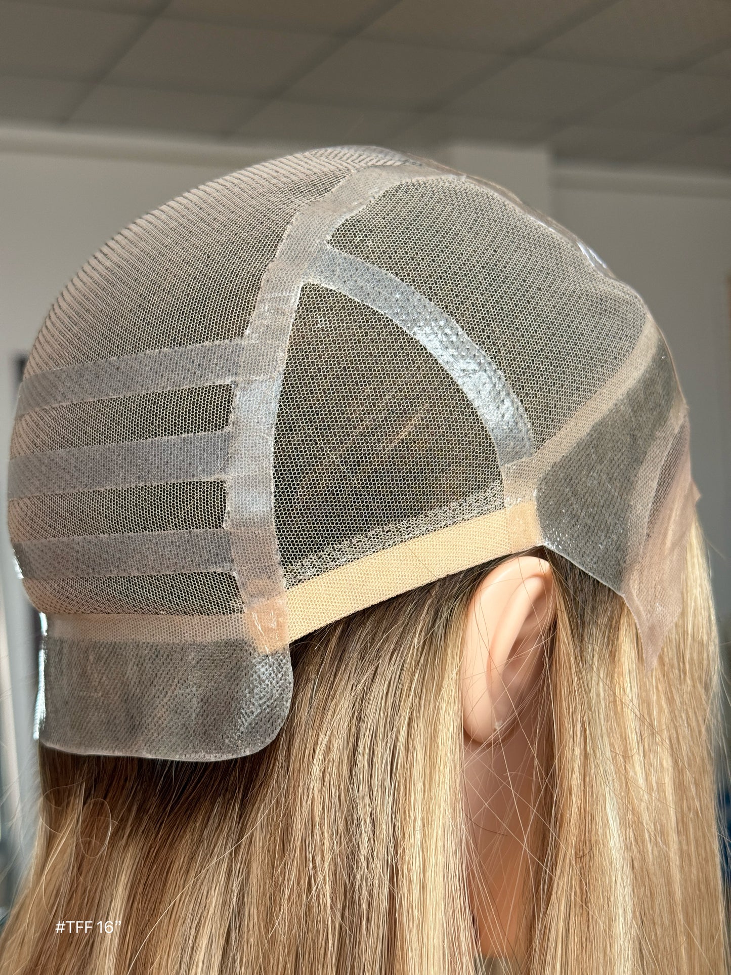 Long Blonde Full Hand-Tied Human Hair Medical Wig - Natural Parting Cranial Prosthesis Wig 033 - medical wig detail view