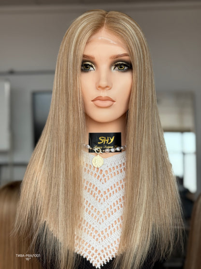 Long Blonde Full Hand-Tied Human Hair Medical Wig - Style 034 - front view