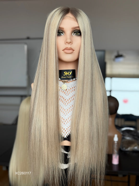 Long Blonde Full Hand-Tied Human Hair Medical Wig - Style 037 - front view