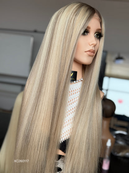 Long Blonde Full Hand-Tied Human Hair Medical Wig - Style 037 - detail view