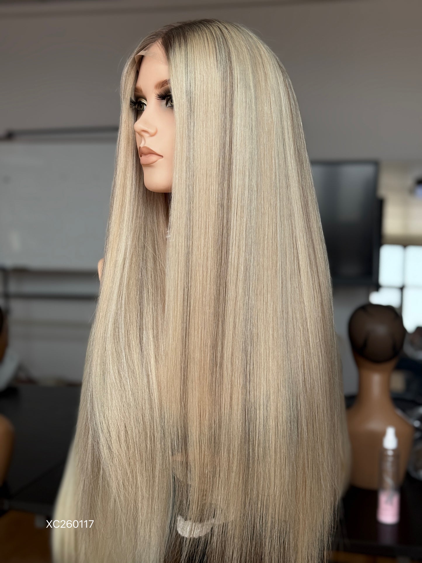 Long Blonde Full Hand-Tied Human Hair Medical Wig - Style 037 - detail view
