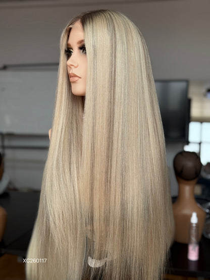 Long Blonde Full Hand-Tied Human Hair Medical Wig - Style 037 - detail view