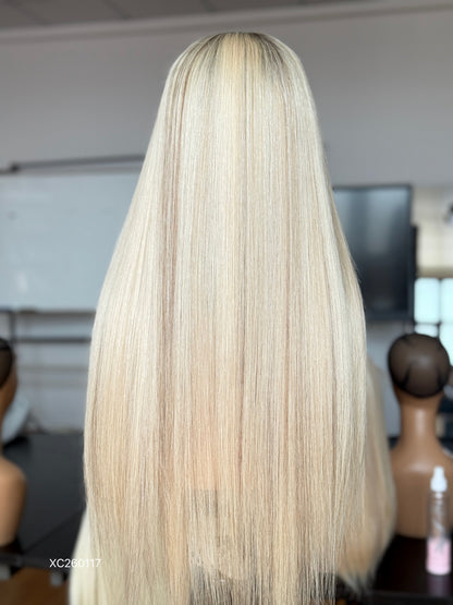 Long Blonde Full Hand-Tied Human Hair Medical Wig - Natural Parting Cranial Prosthesis Wig 037 - medical wig detail view