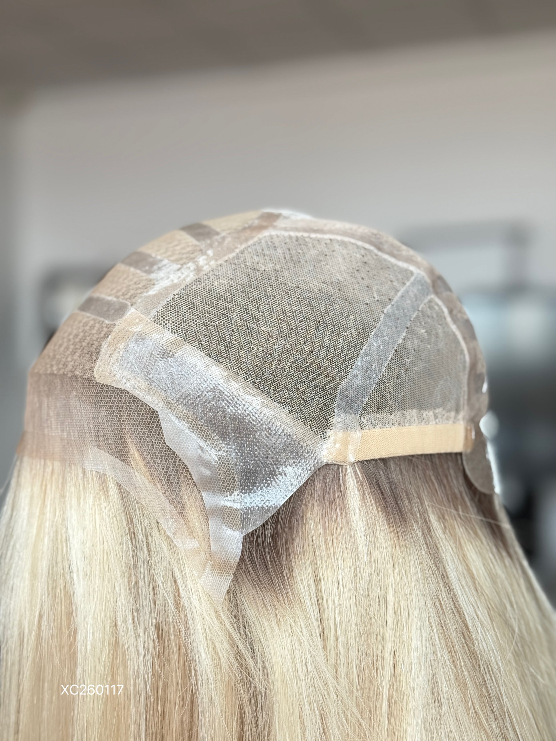 Long Blonde Full Hand-Tied Human Hair Medical Wig - Natural Parting Cranial Prosthesis Wig 037 - medical wig detail view
