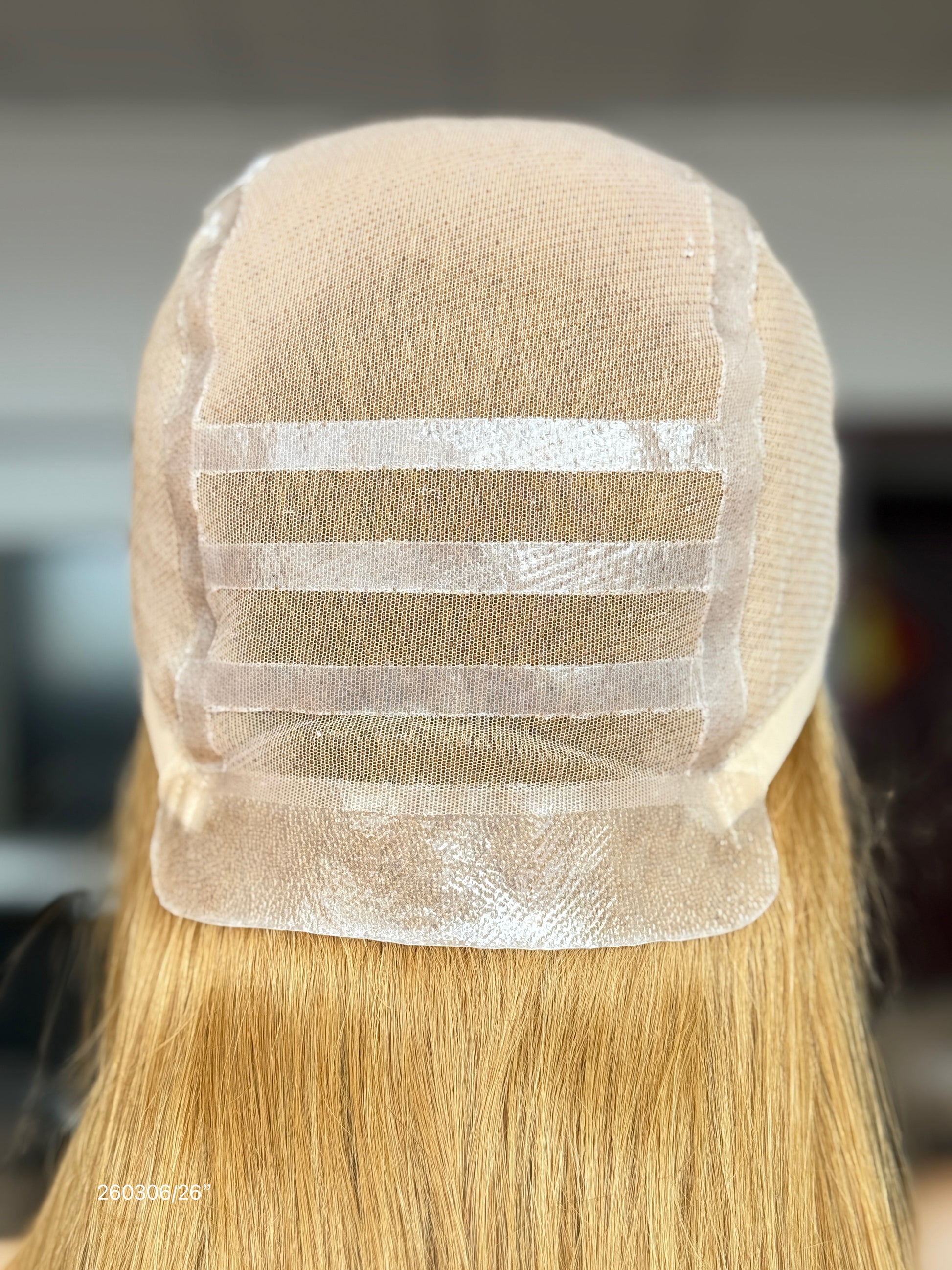Long Blonde Full Hand-Tied Human Hair Medical Wig - Natural Parting Cranial Prosthesis Wig 038 - medical wig detail view