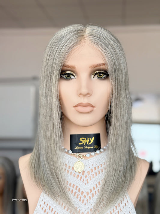 Gray Blonde Full Hand-Tied Human Hair Medical Wig - Style 039 - front view
