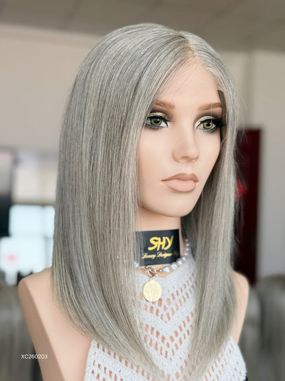 Gray Blonde Full Hand-Tied Human Hair Medical Wig - Style 039 - detail view