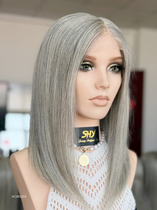 Gray Blonde Full Hand-Tied Human Hair Medical Wig - Style 039 - detail view — alternate view