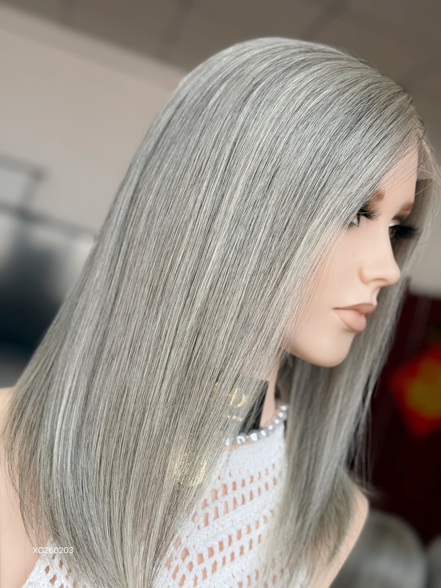 Gray Blonde Full Hand-Tied Human Hair Medical Wig - Style 039 - detail view