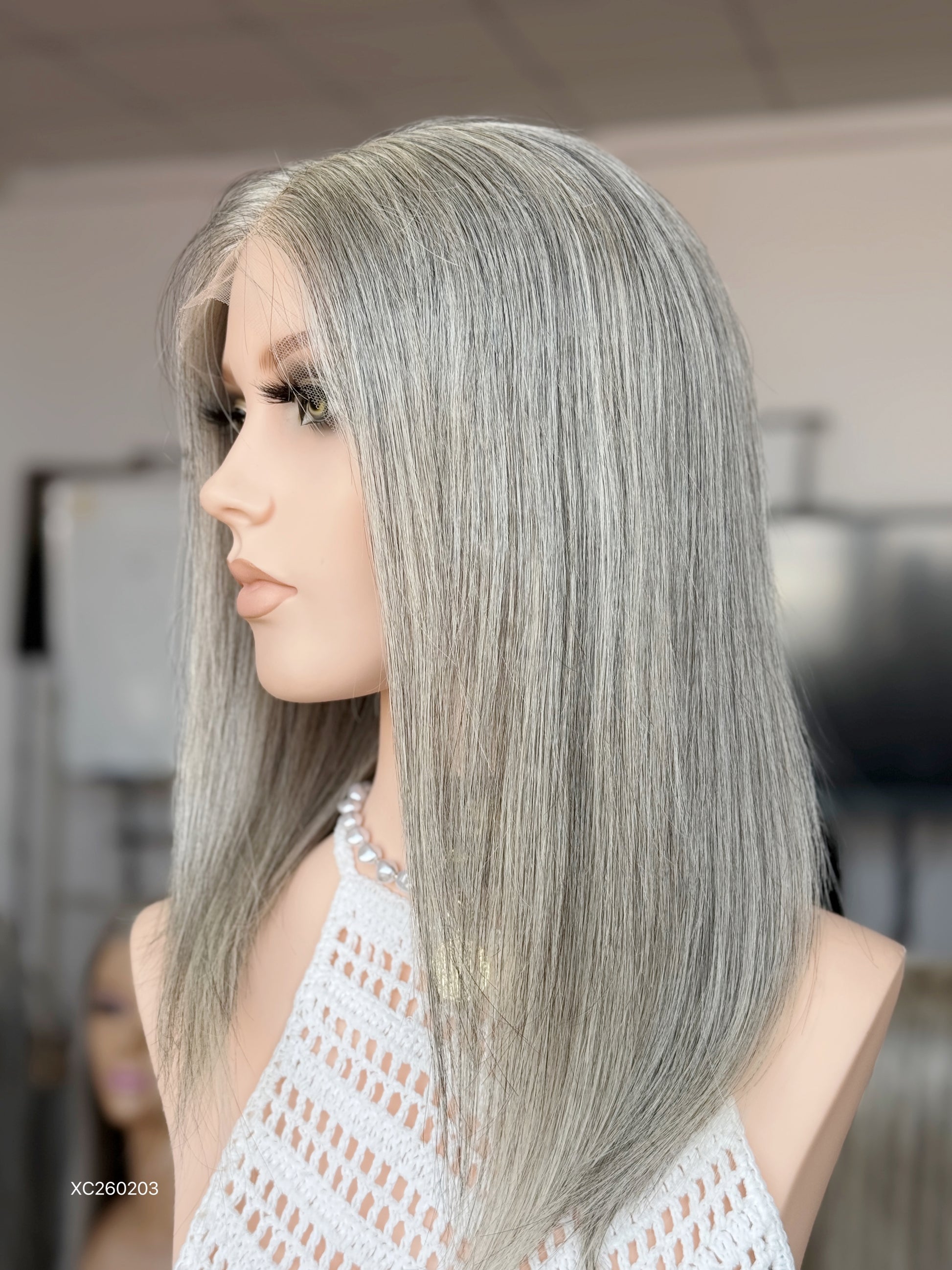 Gray Blonde Full Hand-Tied Human Hair Medical Wig - Style 039 - detail view