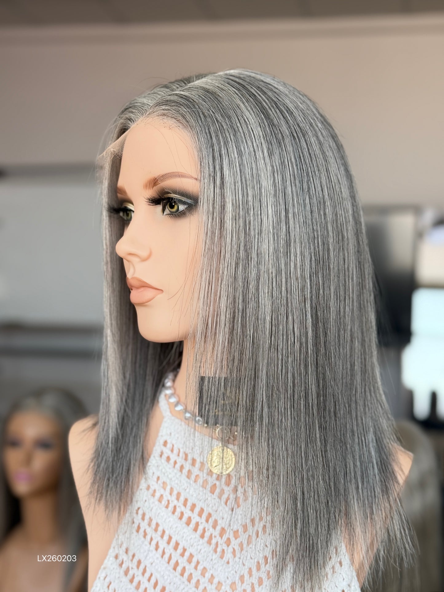Gray Blonde Full Hand-Tied Medical Wig for Women - Human Hair Hair Loss Wig 039 - medical wig detail view