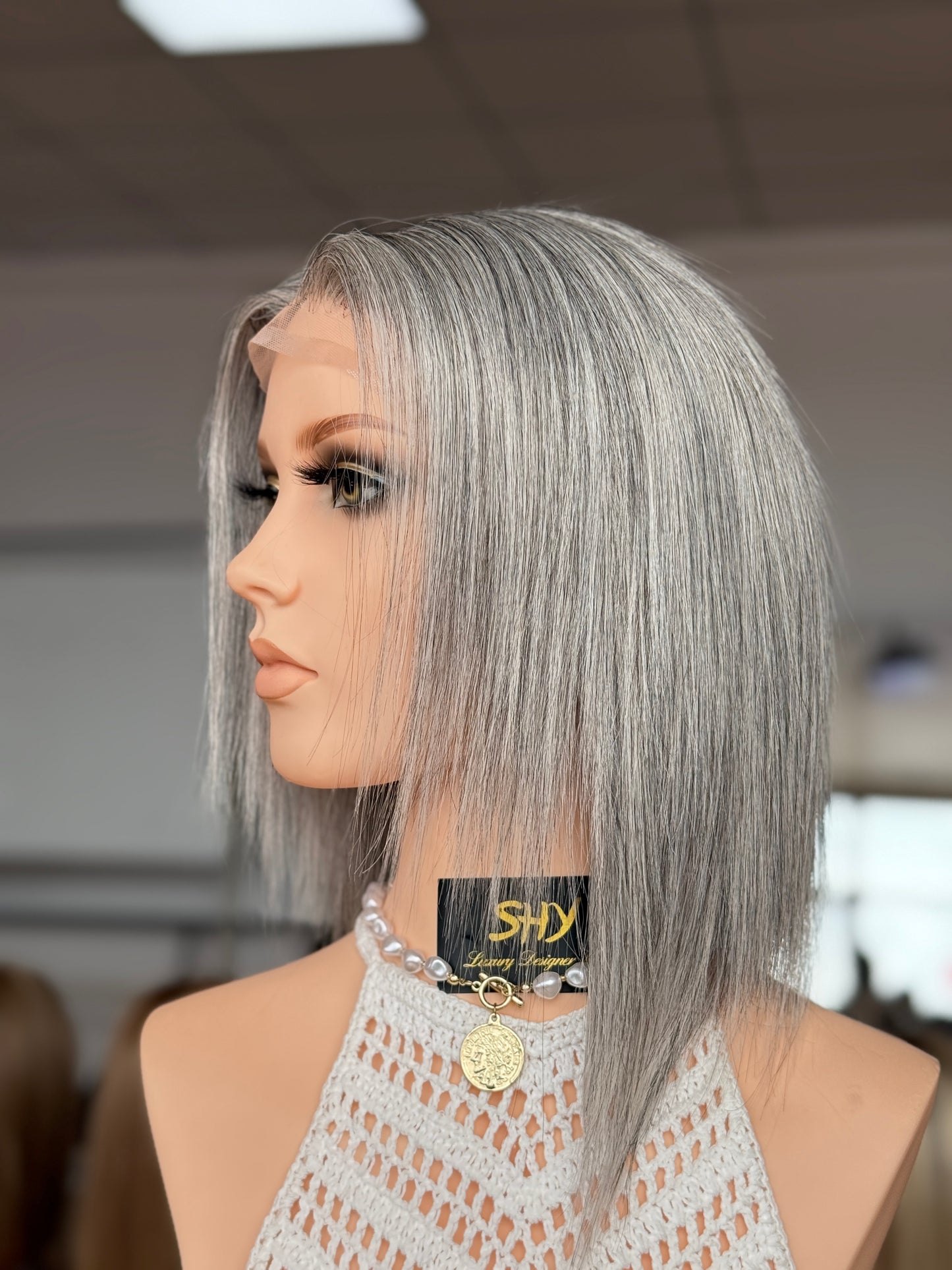 Silver Gray Bob Full Hand-Tied Medical Wig with Natural Parting - view 3