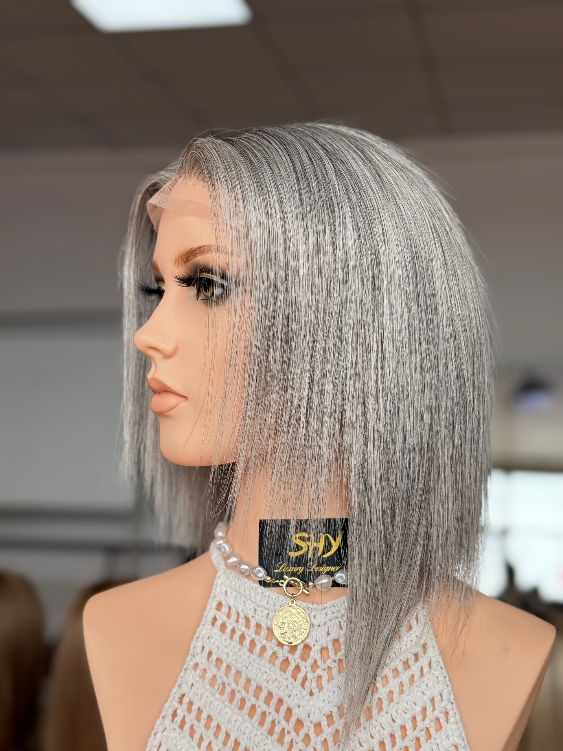 Silver Gray Bob Full Hand-Tied Medical Wig with Natural Parting - view 3