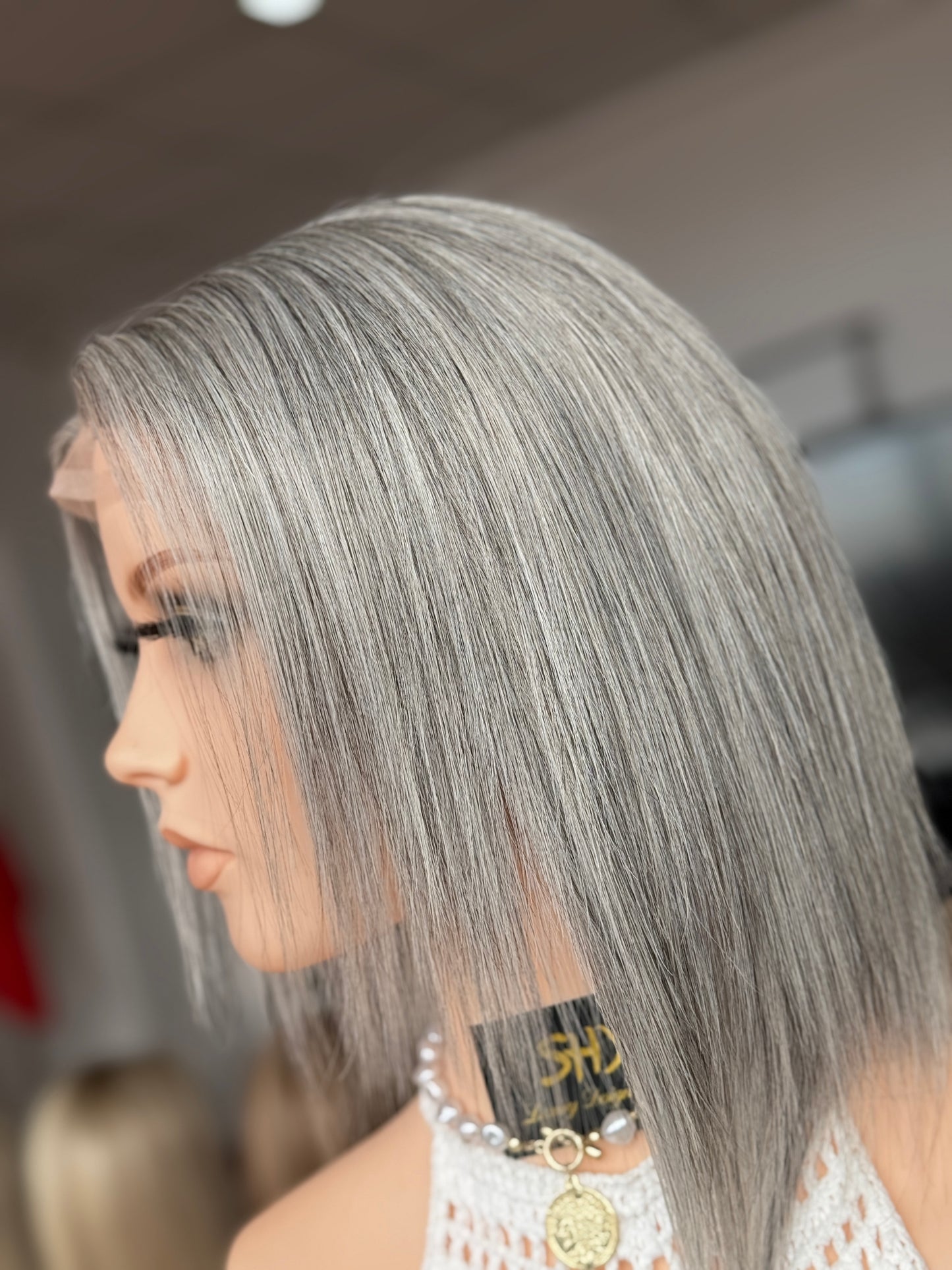 Silver Gray Bob Full Hand-Tied Medical Wig with Natural Parting - view 4