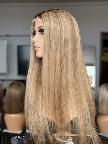 Gray Blonde Full Hand-Tied Human Hair Medical Wig - Style 044 - detail view