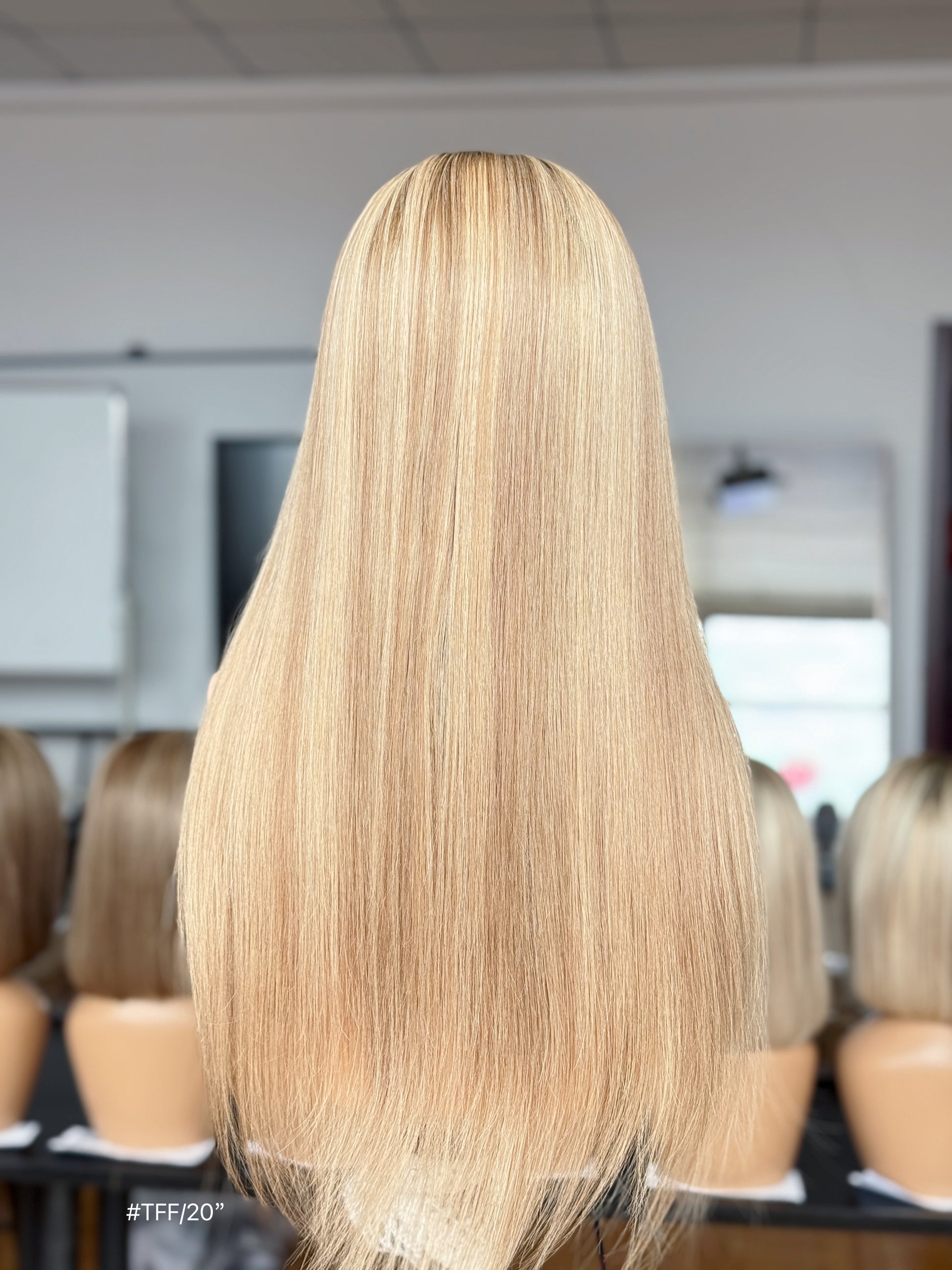 Gray Blonde Full Hand-Tied Human Hair Medical Wig - Style 044 - detail view