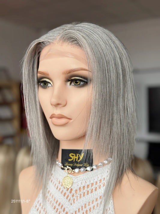 Gray Blonde Full Hand-Tied Human Hair Medical Wig - Style 045 - detail view — alternate view