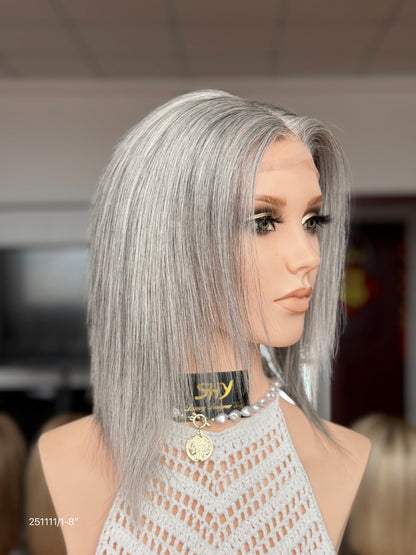 Gray Blonde Full Hand-Tied Human Hair Medical Wig - Style 045 - detail view