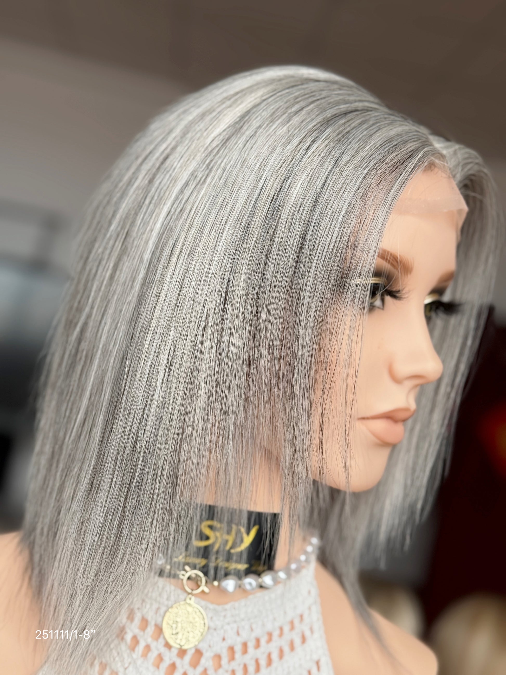 Gray Blonde Full Hand-Tied Human Hair Medical Wig - Style 045 - detail view