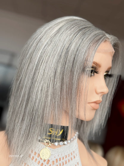 Gray Blonde Full Hand-Tied Human Hair Medical Wig - Style 045 - detail view