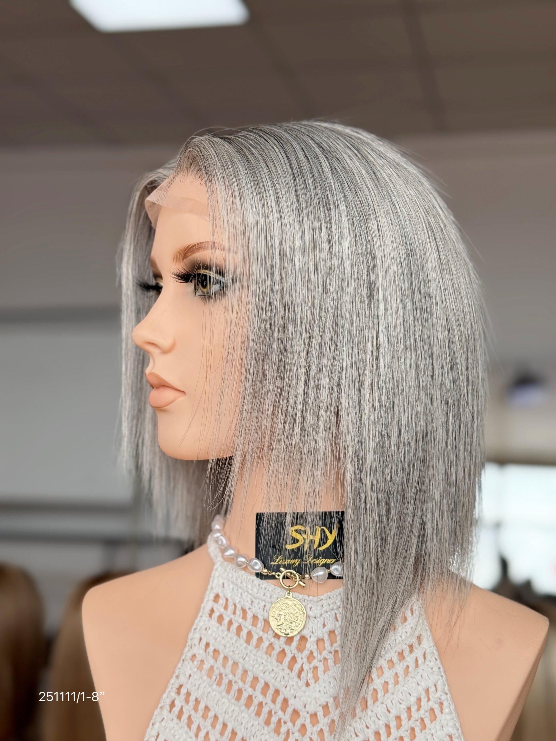 Gray Blonde Full Hand-Tied Human Hair Medical Wig - Style 045 - detail view