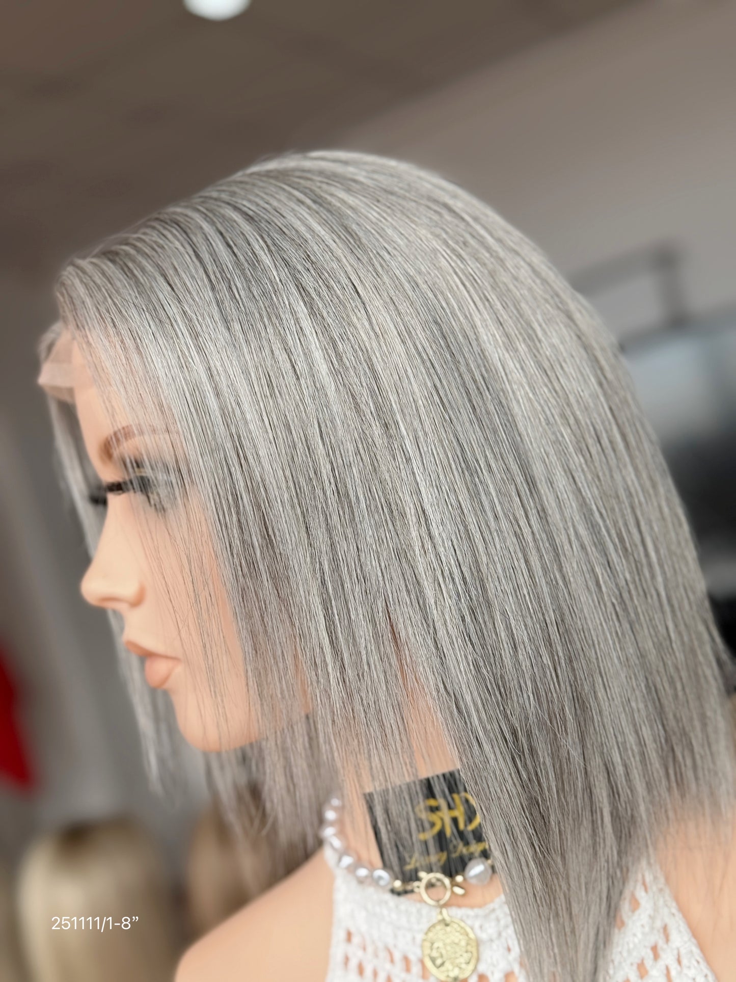 Gray Blonde Full Hand-Tied Human Hair Medical Wig - Style 045 - detail view