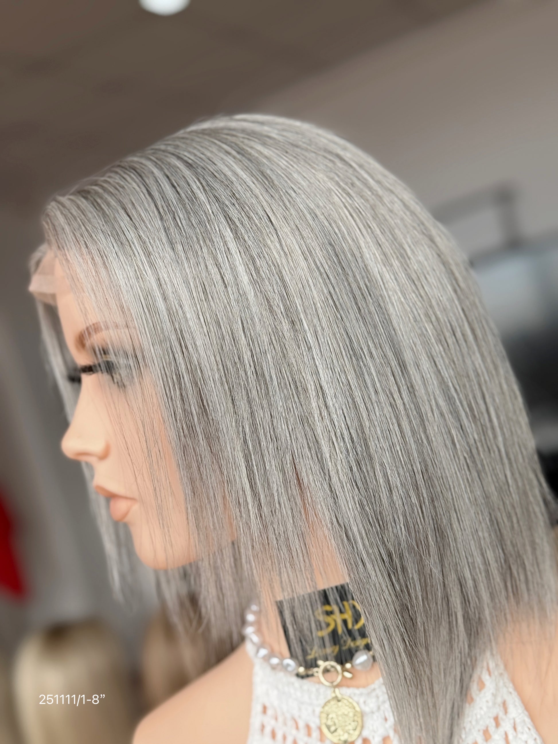Gray Blonde Full Hand-Tied Human Hair Medical Wig - Style 045 - detail view