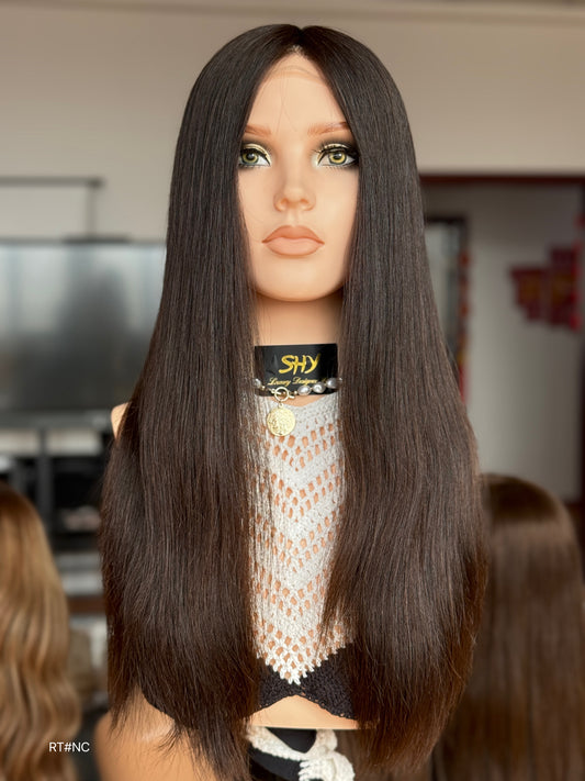 Brunette Full Hand-Tied Human Hair Medical Wig - Style 046 - front view