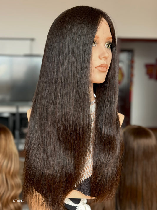 Brunette Full Hand-Tied Human Hair Medical Wig - Style 046 - detail view — alternate view