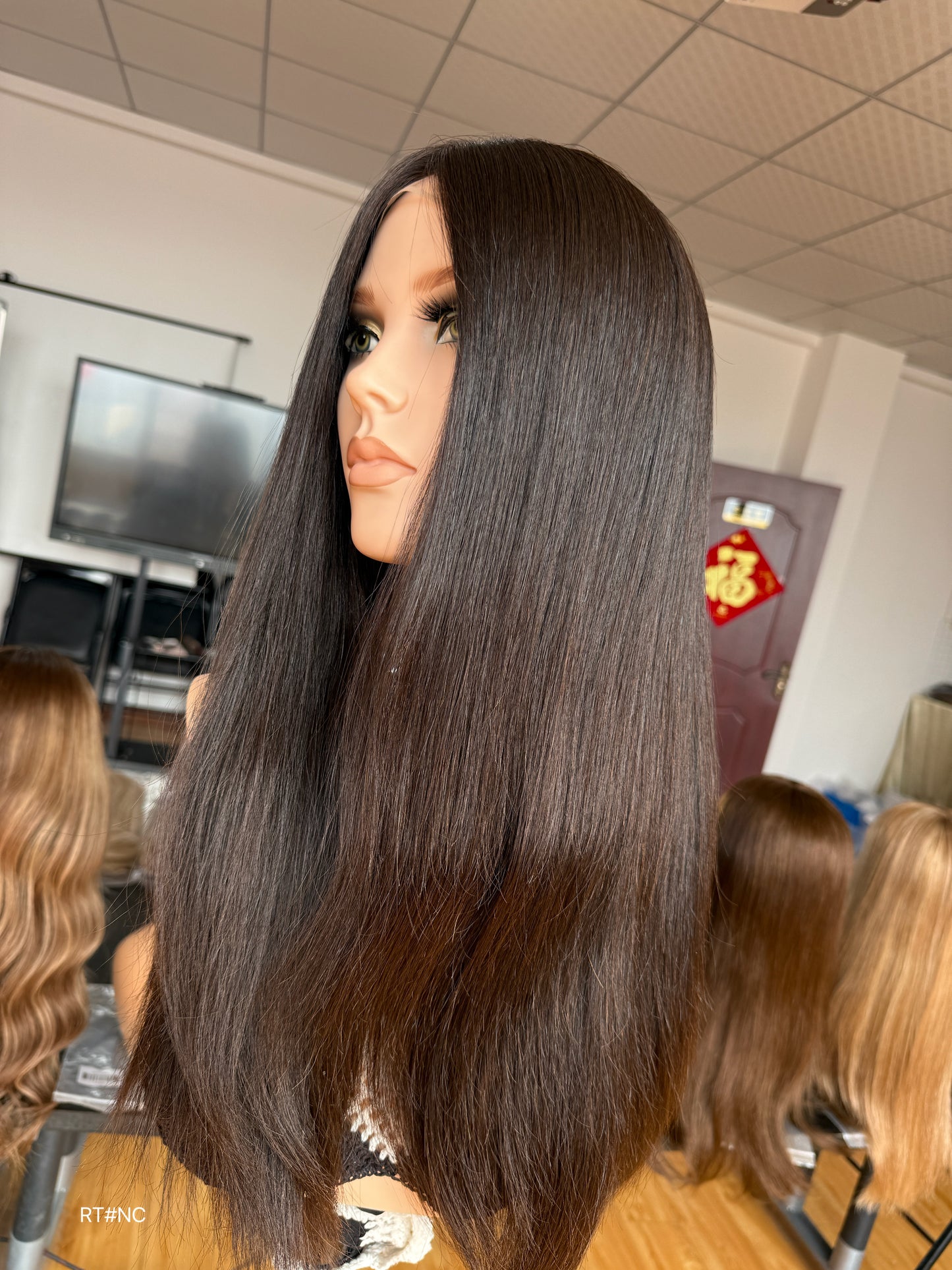 Brunette Full Hand-Tied Human Hair Medical Wig - Style 046 - detail view
