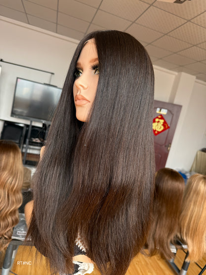 Brunette Full Hand-Tied Human Hair Medical Wig - Style 046 - detail view