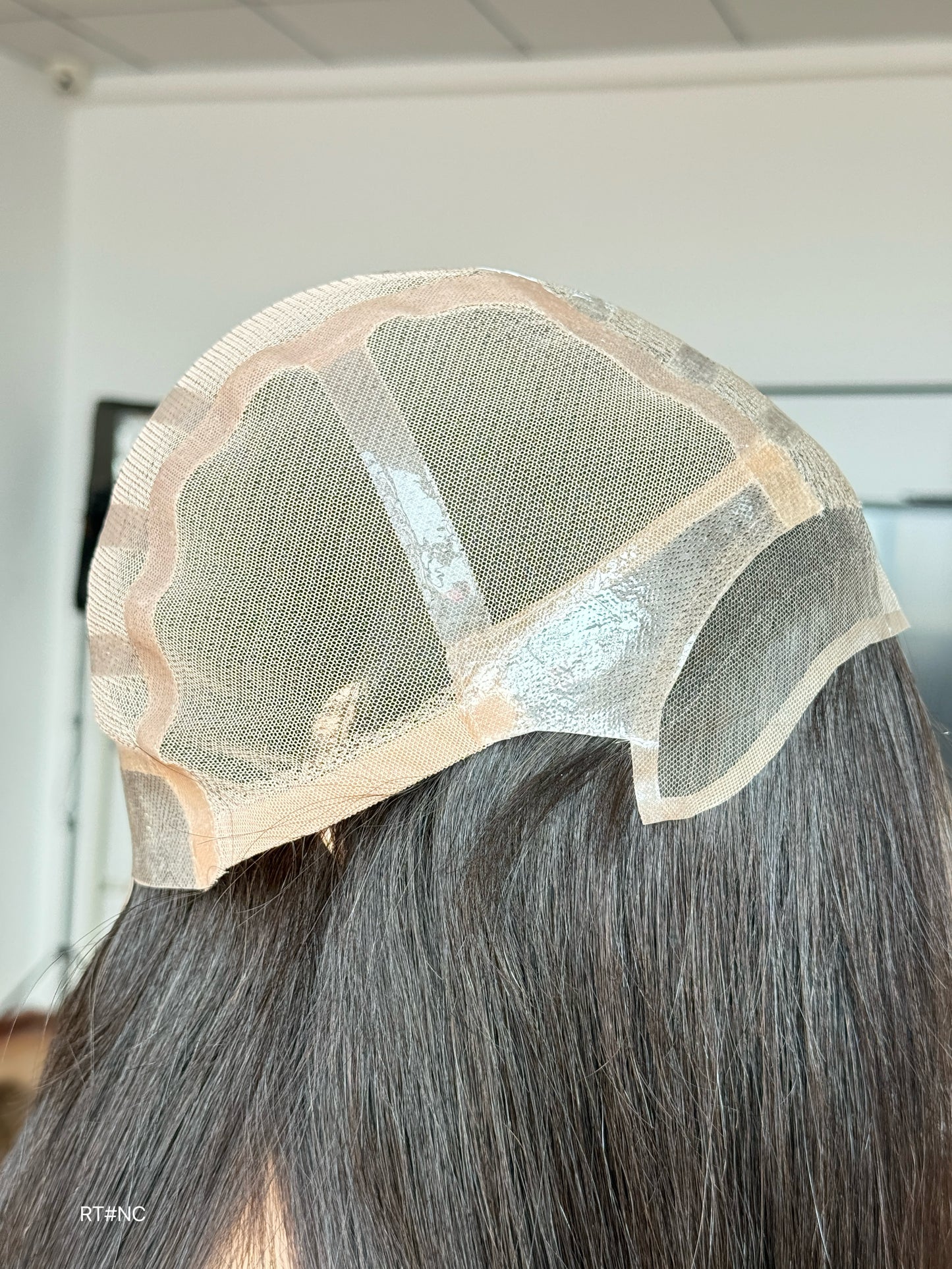 Brunette Full Hand-Tied Human Hair Medical Wig - Sensitive Scalp Alopecia Wig 046 - medical wig detail view