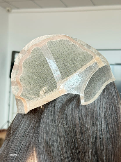 Brunette Full Hand-Tied Human Hair Medical Wig - Sensitive Scalp Alopecia Wig 046 - medical wig detail view
