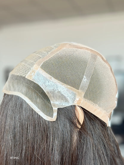Brunette Full Hand-Tied Human Hair Medical Wig - Sensitive Scalp Alopecia Wig 046 - medical wig detail view