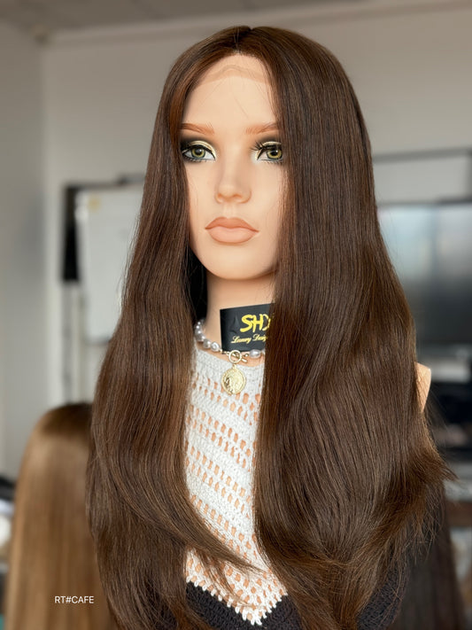 Brunette Full Hand-Tied Human Hair Medical Wig - Style 047 - detail view — alternate view