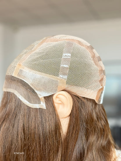 Brunette Full Hand-Tied Human Hair Medical Wig - Sensitive Scalp Alopecia Wig 047 - medical wig detail view