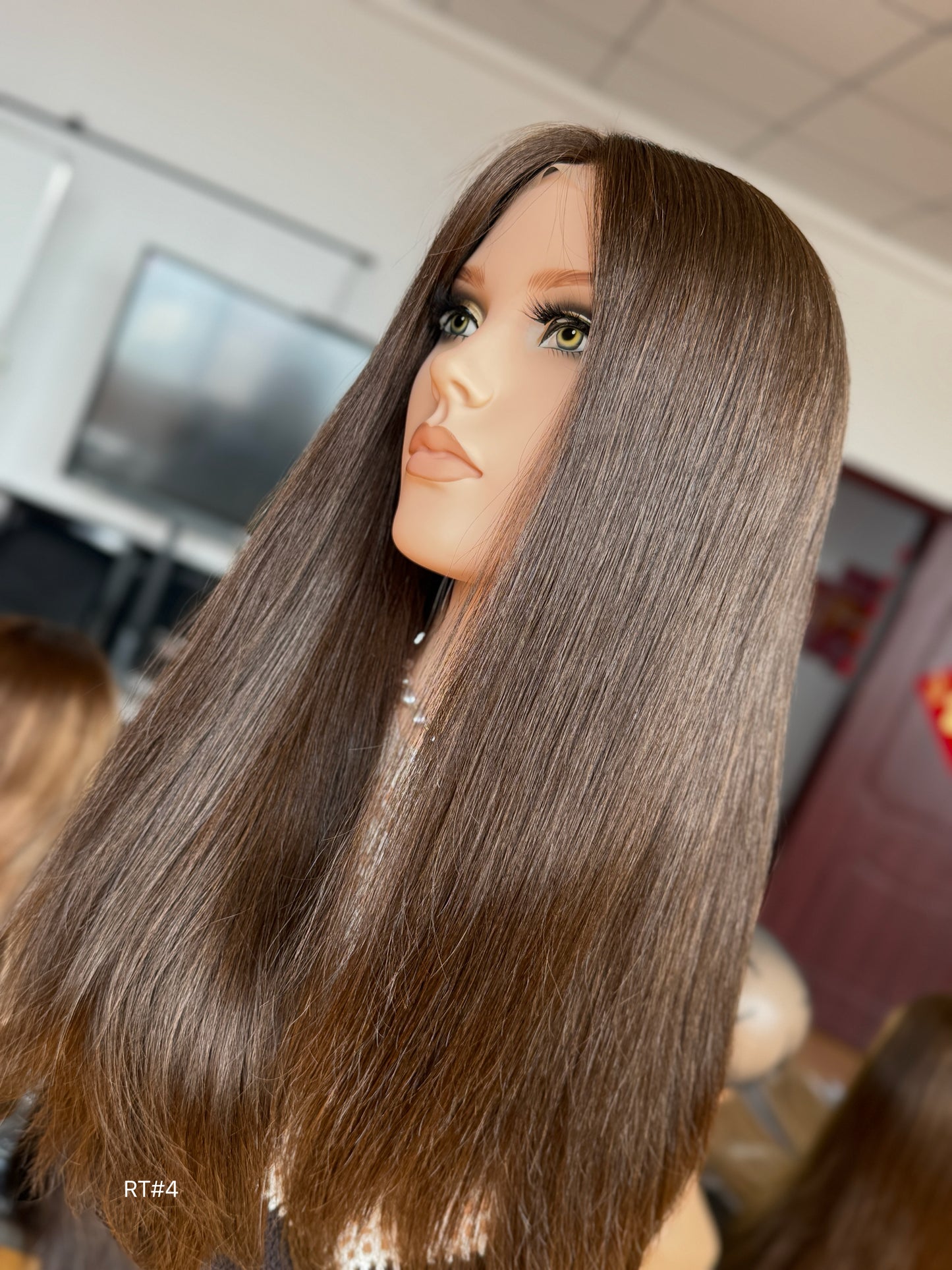 Brunette Full Hand-Tied Human Hair Medical Wig - Style 048 - detail view