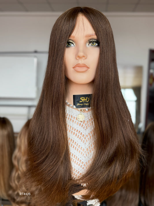 Brunette Full Hand-Tied Human Hair Medical Wig - Style 049 - front view