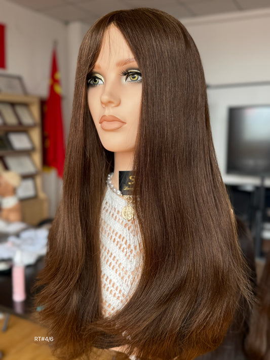 Brunette Full Hand-Tied Human Hair Medical Wig - Style 049 - detail view — alternate view