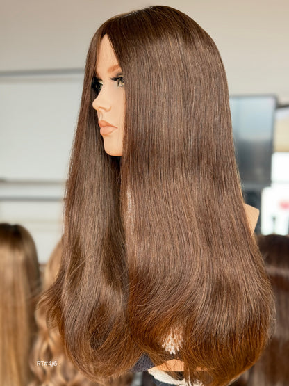 Brunette Full Hand-Tied Human Hair Medical Wig - Style 049 - detail view